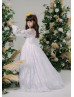 Long Sleeves White Lace Satin Romantic Flower Girl Dress